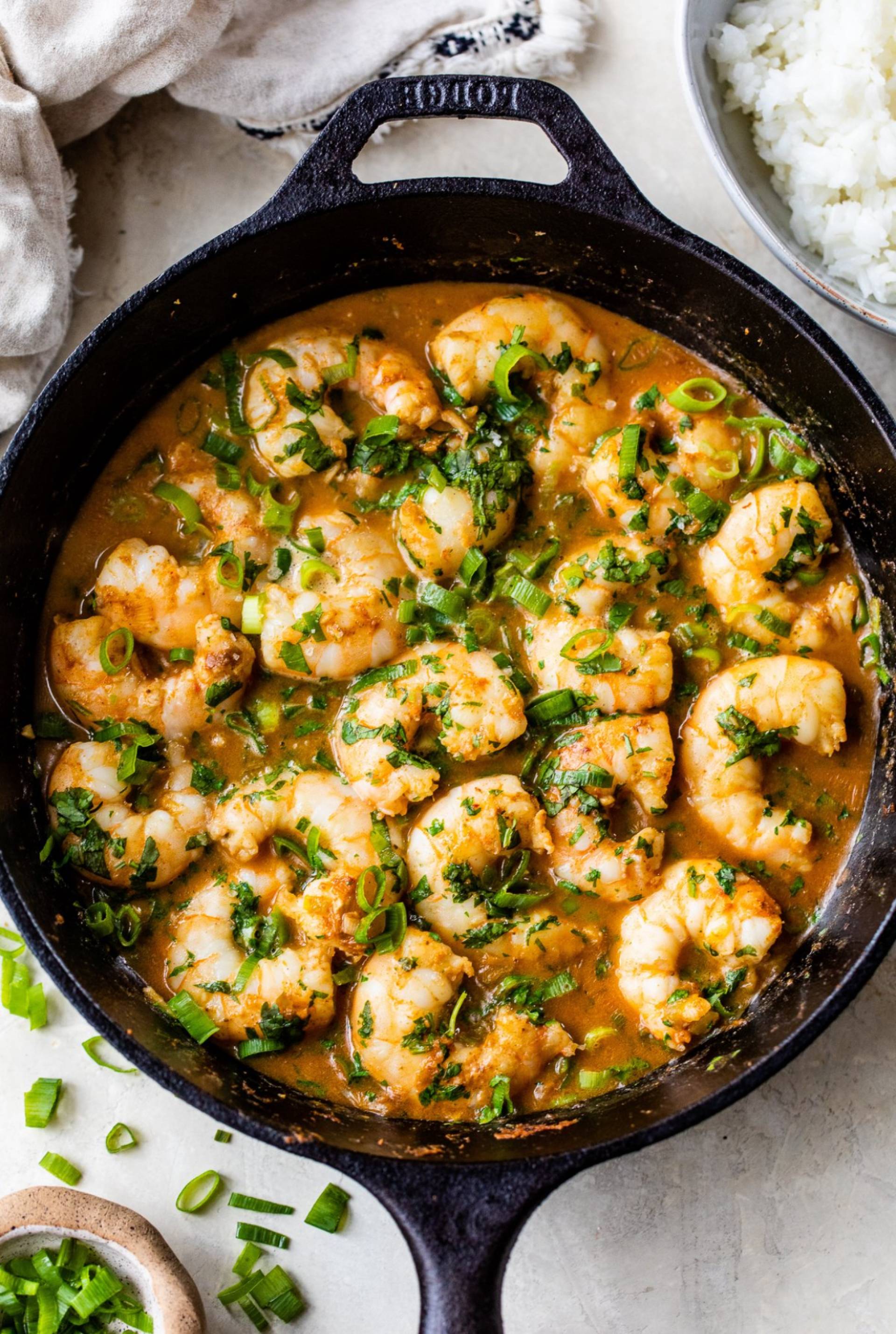 Red Thai Coconut Curry Shrimp with white rice